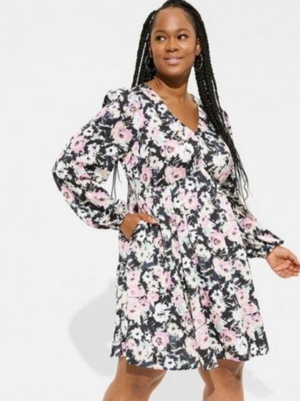 Torrid Floral Mini Babydoll Dress 3X Black Pink Long Sleeve NWT